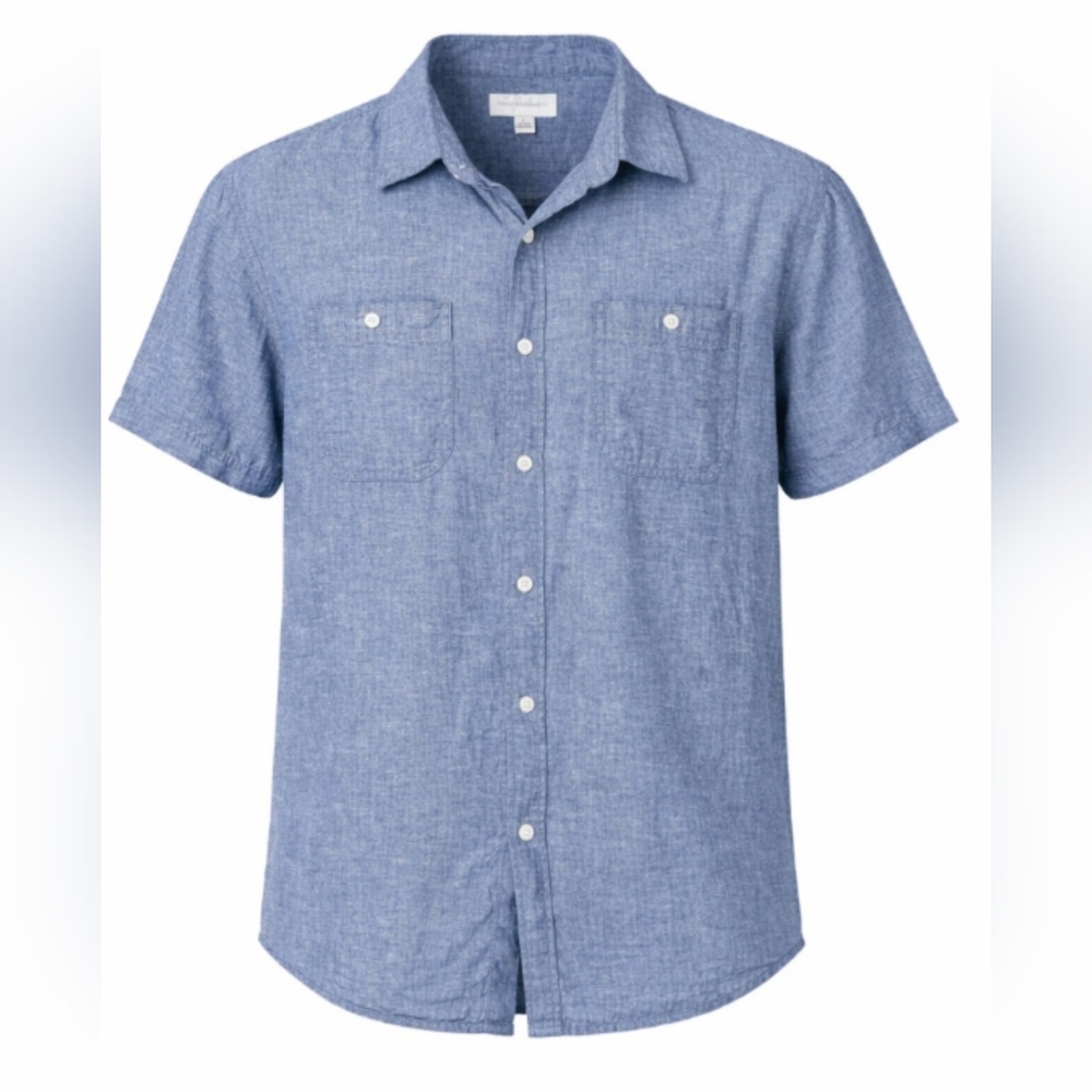 Free Assembly Chambray Button Down Shirt XXL 2X Linen Cotton Short Sleeve Casual - Picture 2 of 5